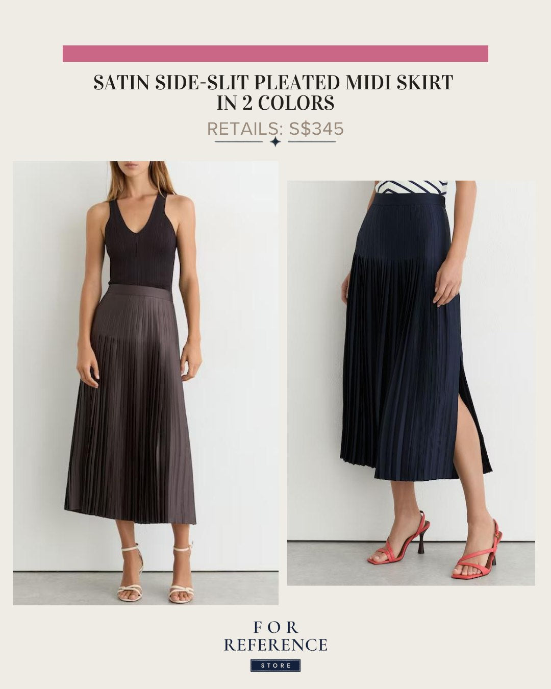 Satin side slit pleated midi skirt