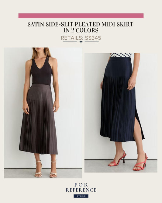 Satin side slit pleated midi skirt