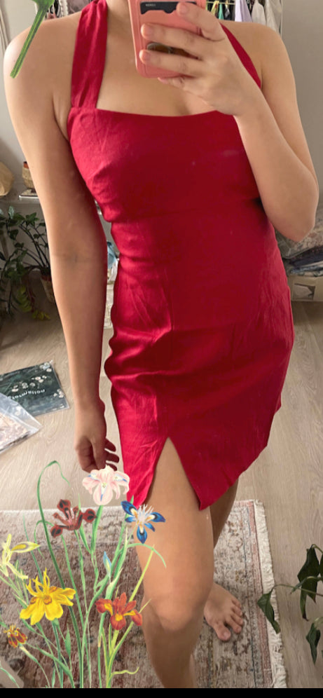 Readystock! Ref Isha linen mini dress in cherry and black
