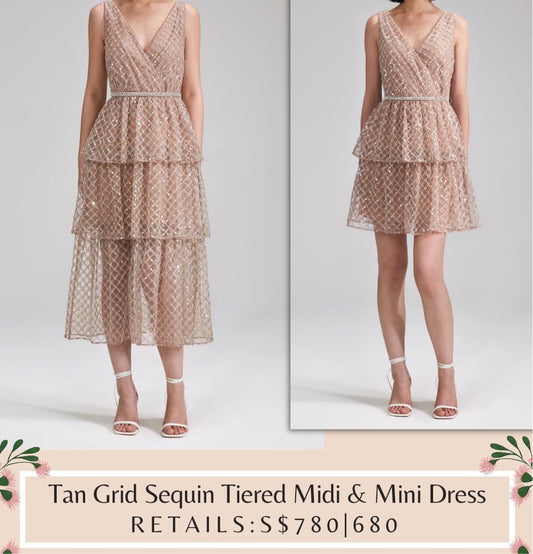 SP Tan Grid Sequin Tiered Midi & Mini Dress