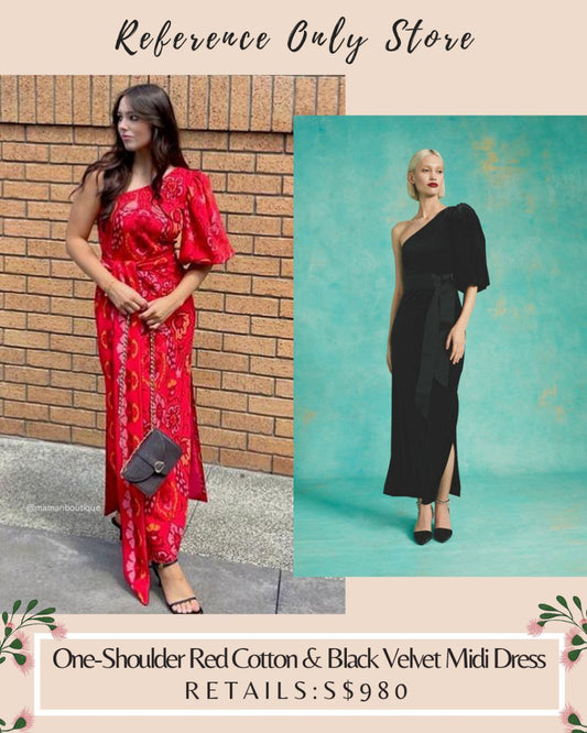 CC Lucia One Shoulder Red cotton & black velvet midi dress