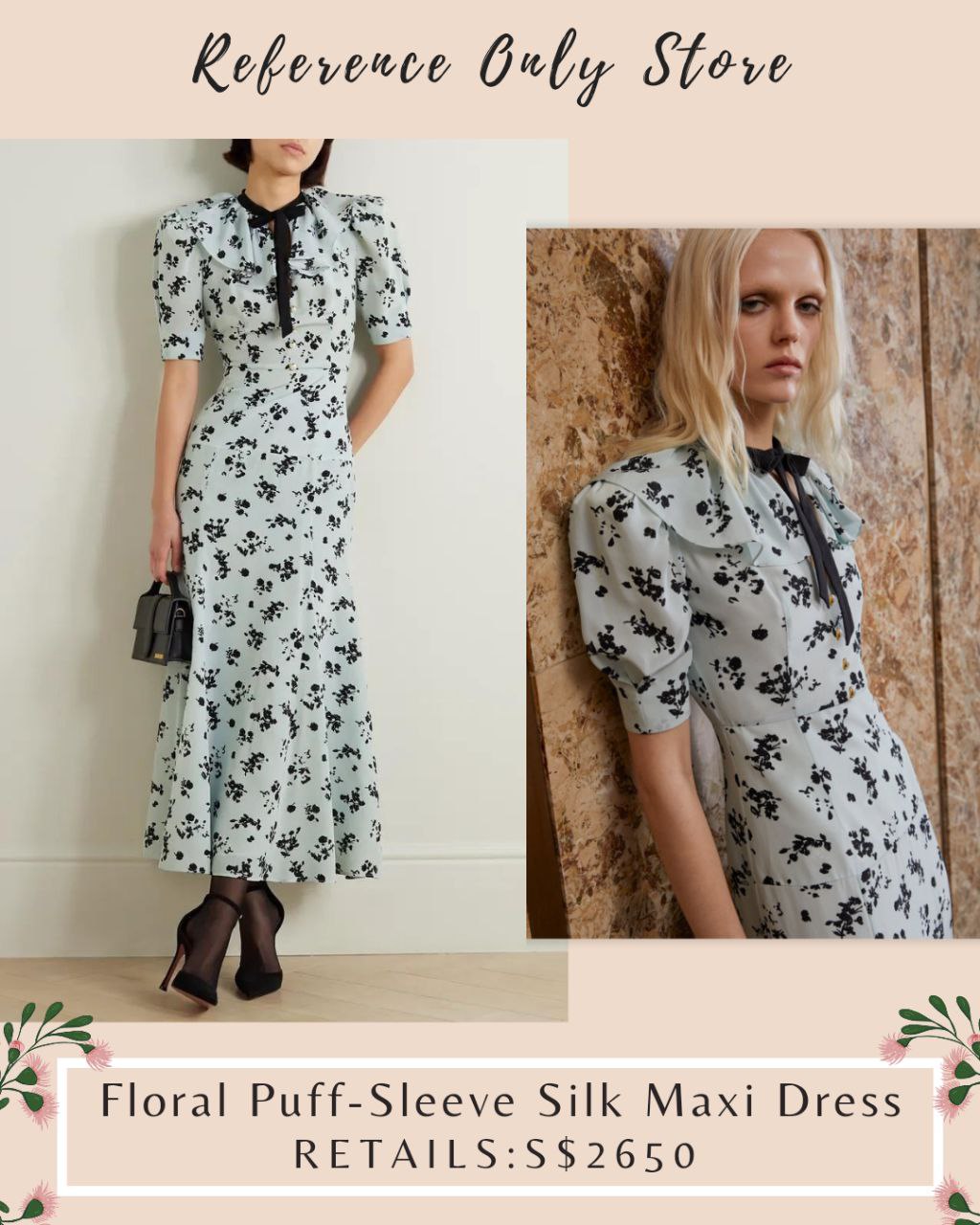 AR Floral Silk Puff Sleeve Midi Dress