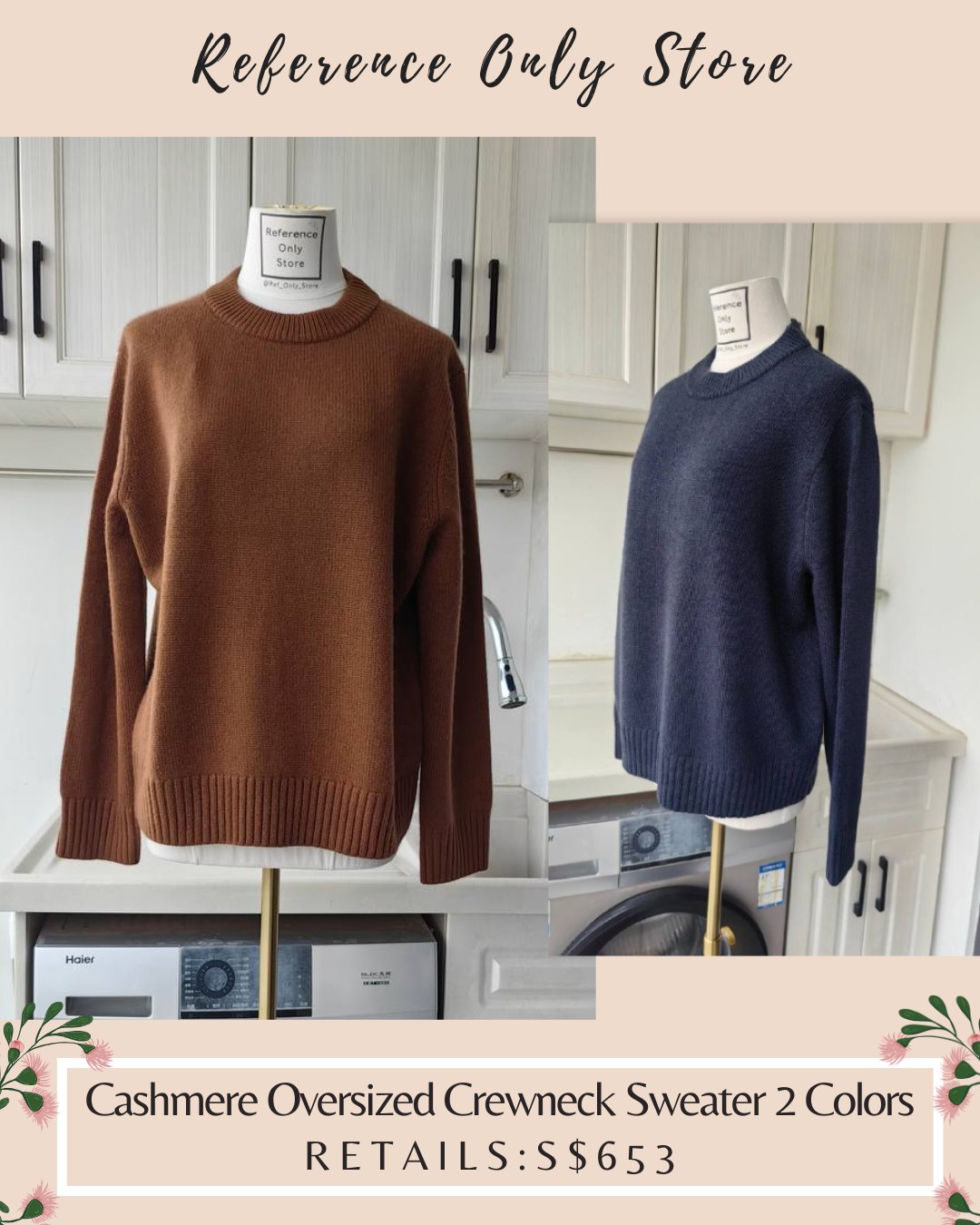 JK 100% cashmere oversized crewneck sweater in 2 colors