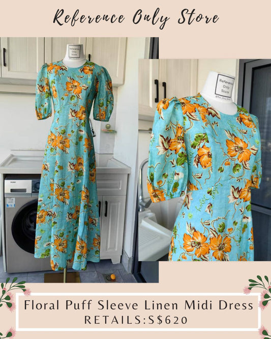 AM Floral Puff Sleeve linen midi dress