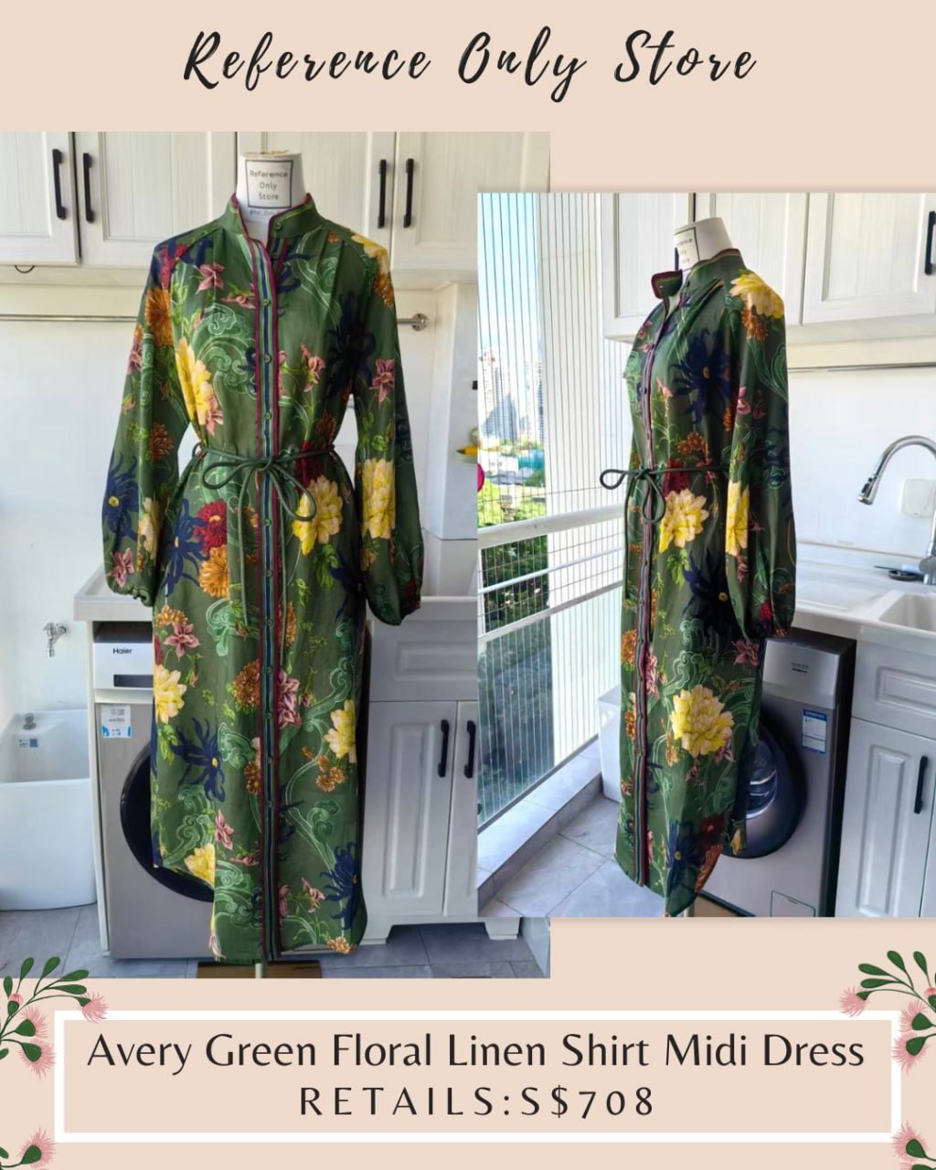 AM Avery green floral linen shirt midi dress