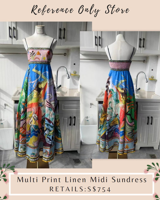 AM Multi color print blue midi sun dress