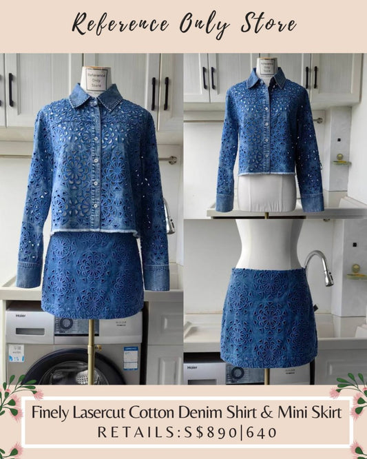 AO Finely Lasercut cotton denim shirt and mini skirt