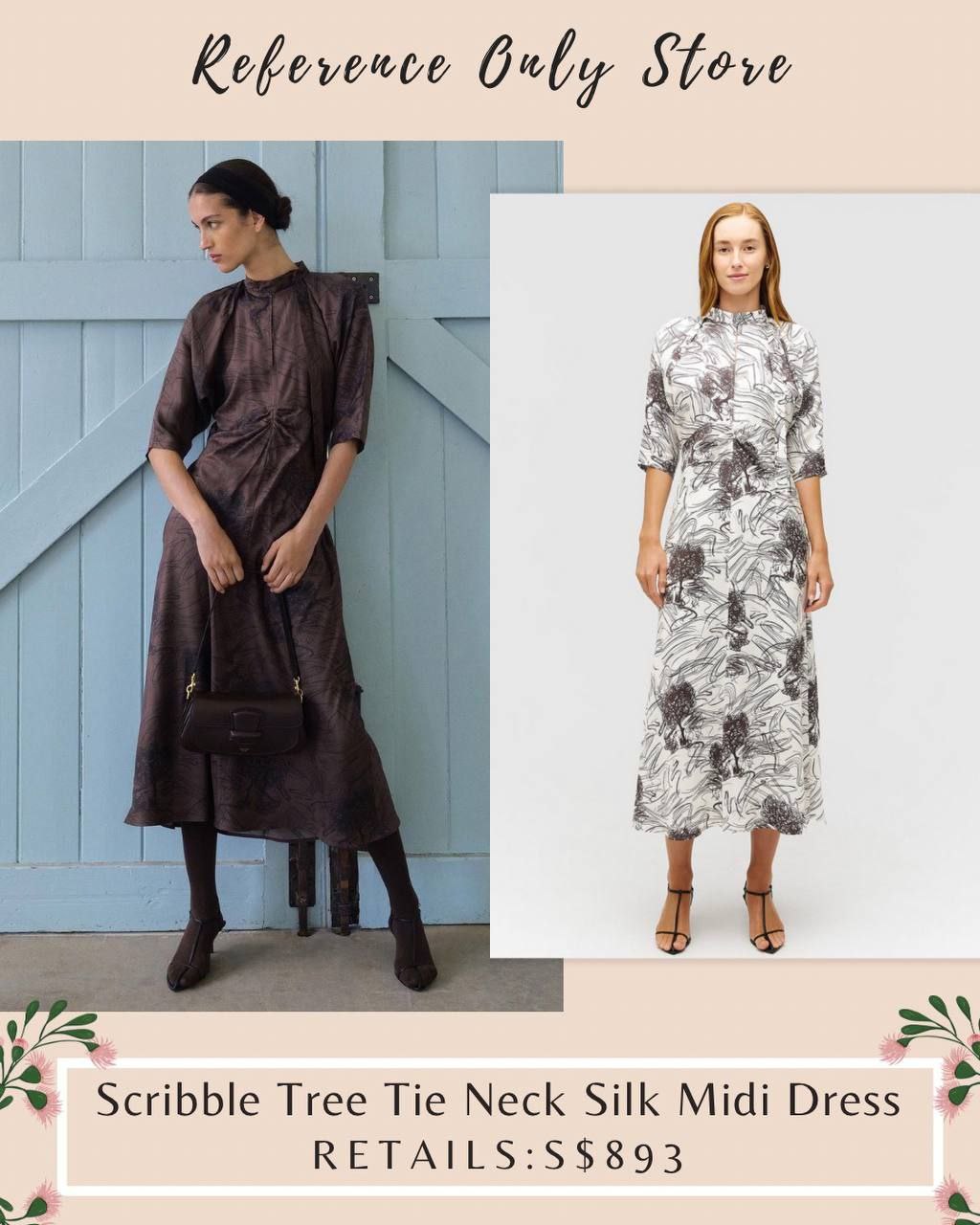 ORO Scribble tree tie neck silk midi dress