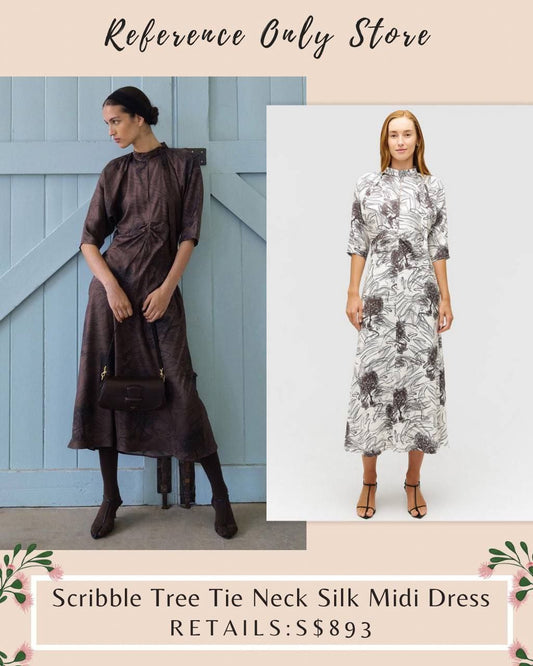 ORO Scribble tree tie neck silk midi dress