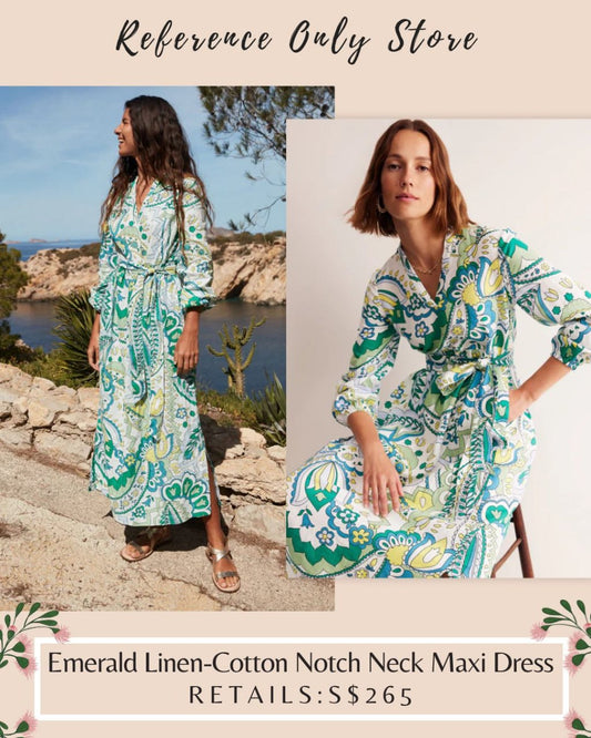 BD Emerald linen cotton notch neck maxi dress