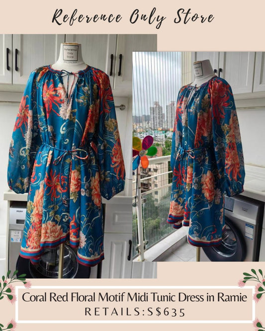 AM Coral red floral motif mini tunic dress in ramie