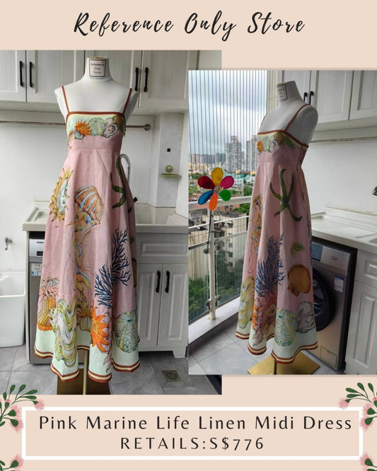 AM Pink marine life printed linen strappy midi dress