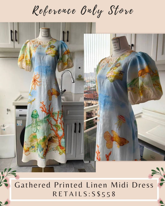 AM Gathered printed sea life linen midi dress