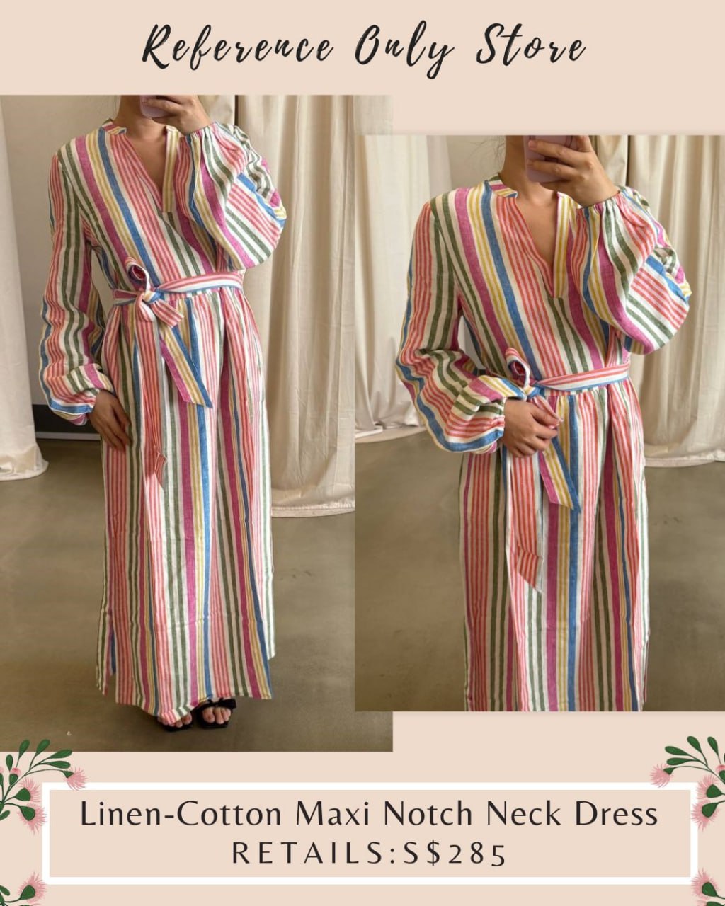 BD Linen cotton stripe maxi notch neck midi dress