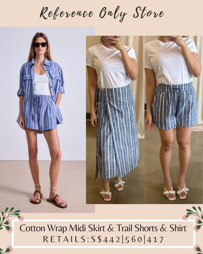 AA De vera cotton blue stripe shirt,  wrap skirt & trail shorts