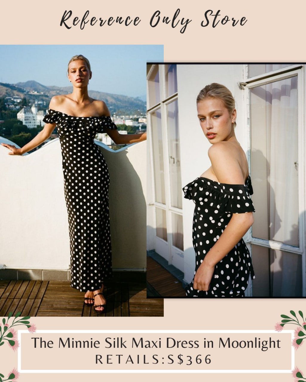 Back! RP The Minnie Silk maxi dress in moonlight black polka
