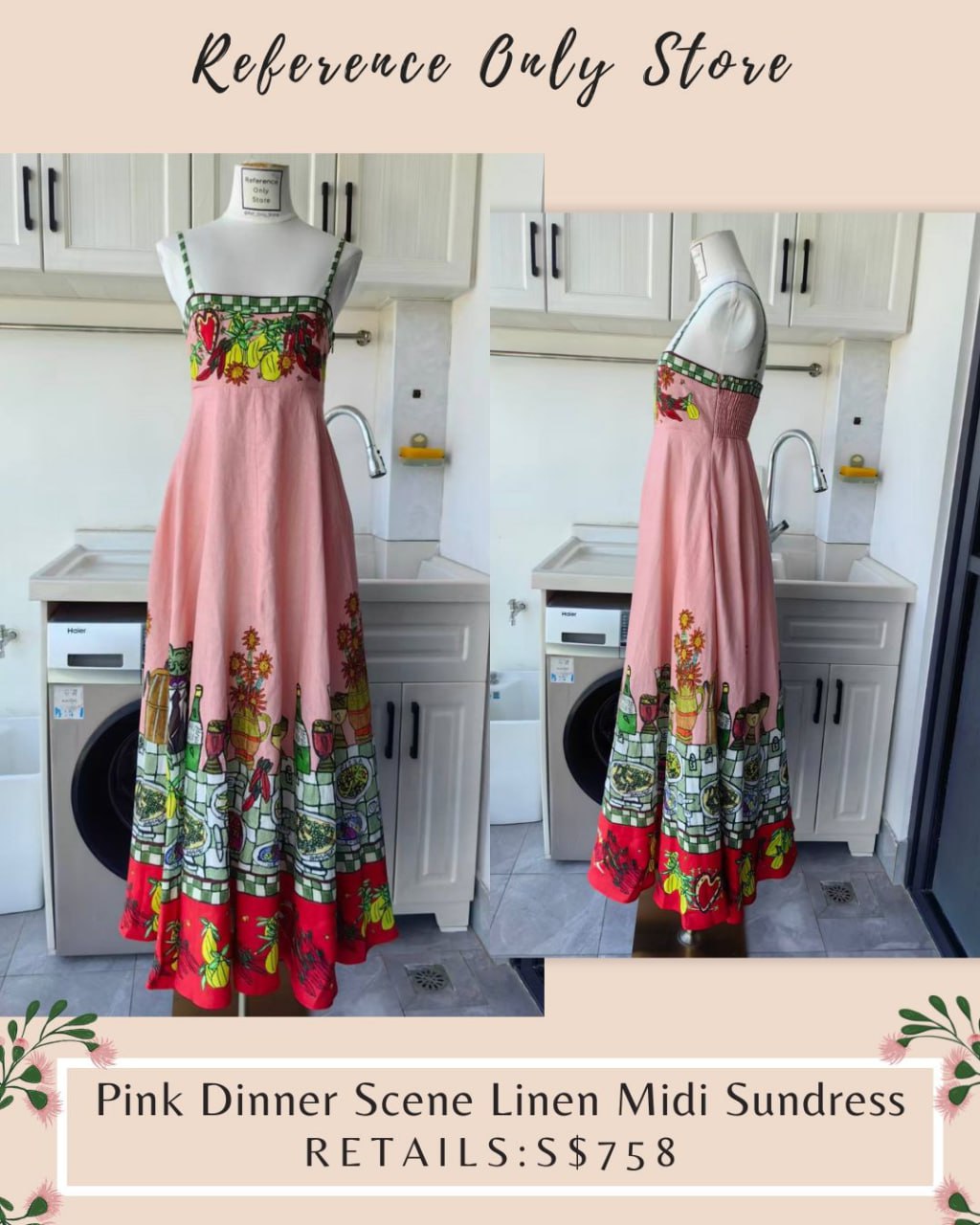 AM Pink dinner scene linen midi sun dress