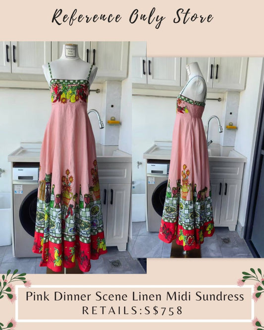 AM Pink dinner scene linen midi sun dress