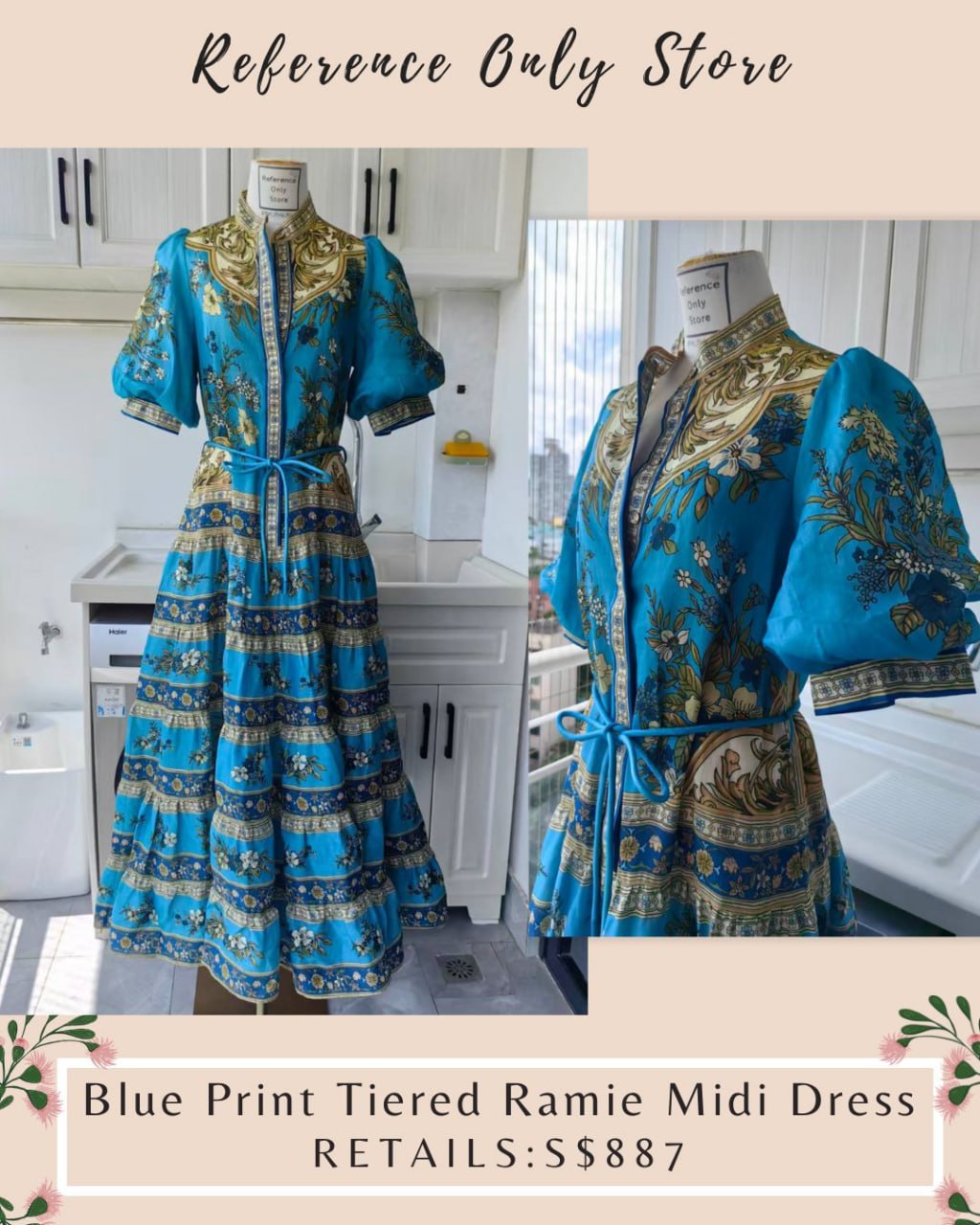 AM Blue print ramie midi dress