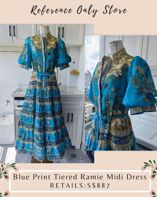 AM Blue print ramie midi dress