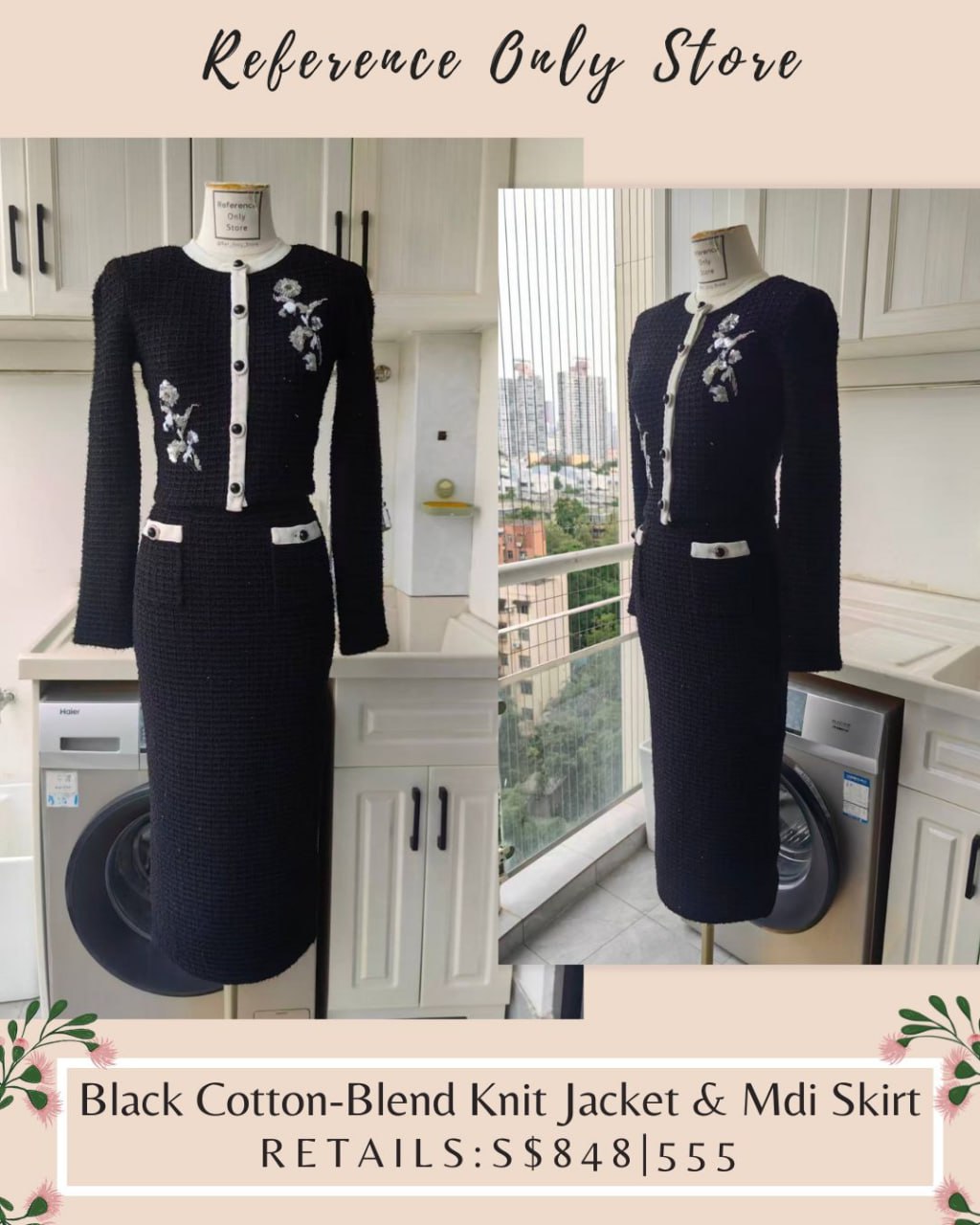 SP Black Cotton blend knit jacket & midi skirt