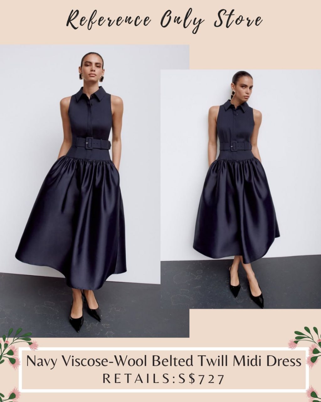SP Navy viscose wool blend twill midi dress sleeveless