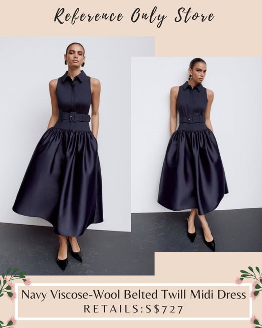 SP Navy viscose wool blend twill midi dress sleeveless