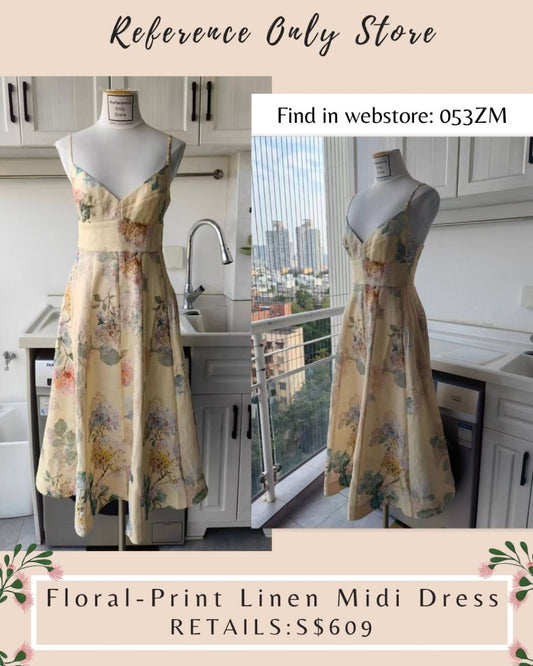 053zm floral print linen midi dress