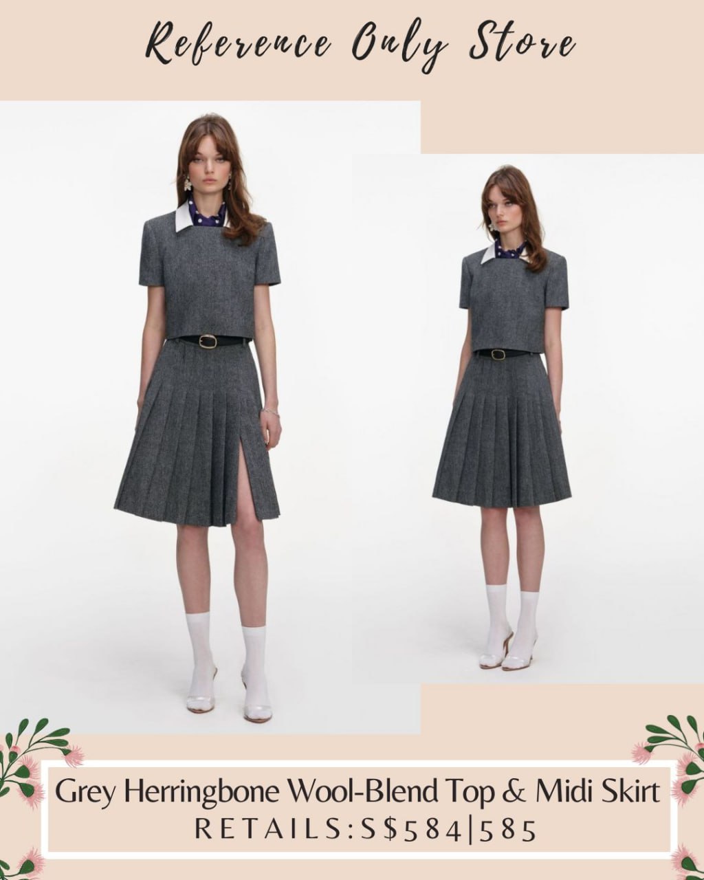 SP grey herringbone wool blend  top and pleated skirt