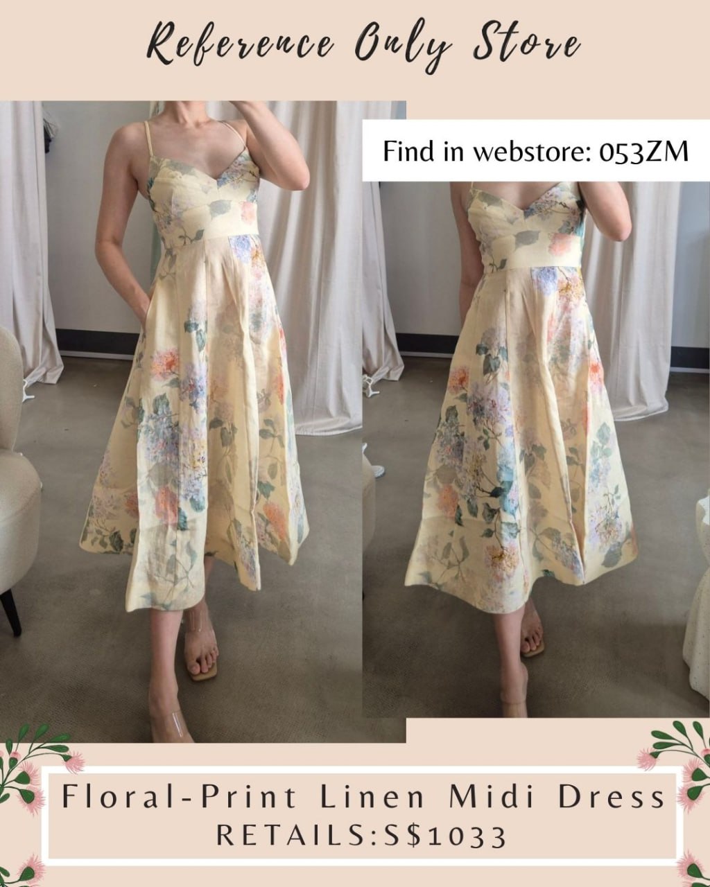 053zm floral print linen midi dress
