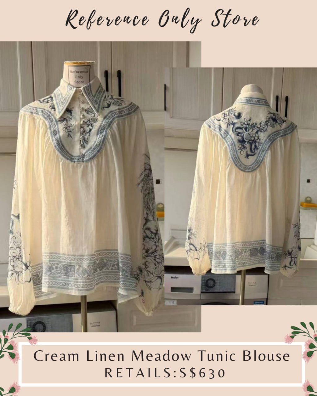 AM Cream Linen Meadow tunic blouse top