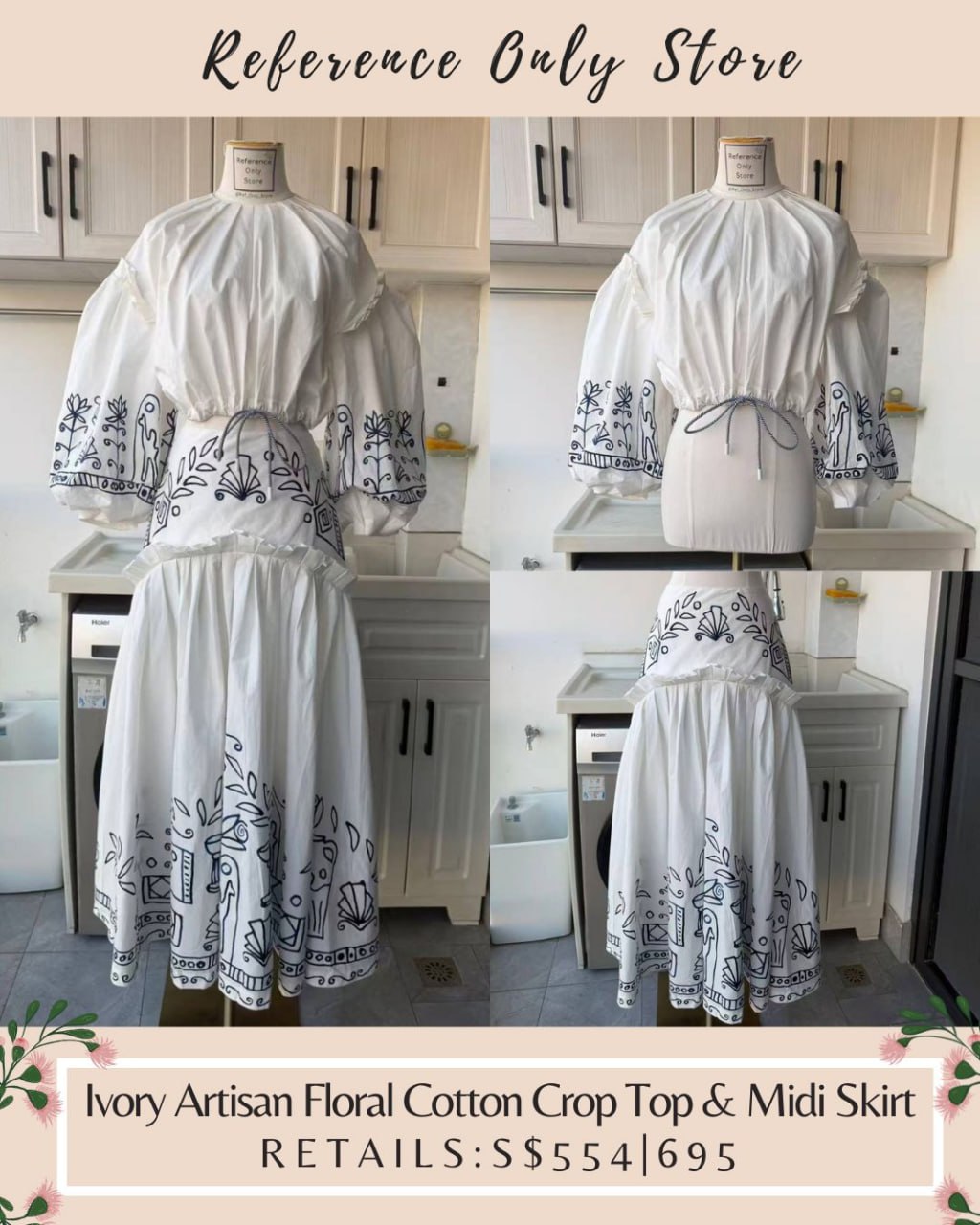 AM Ivory artisan cotton midi skirt and crop top