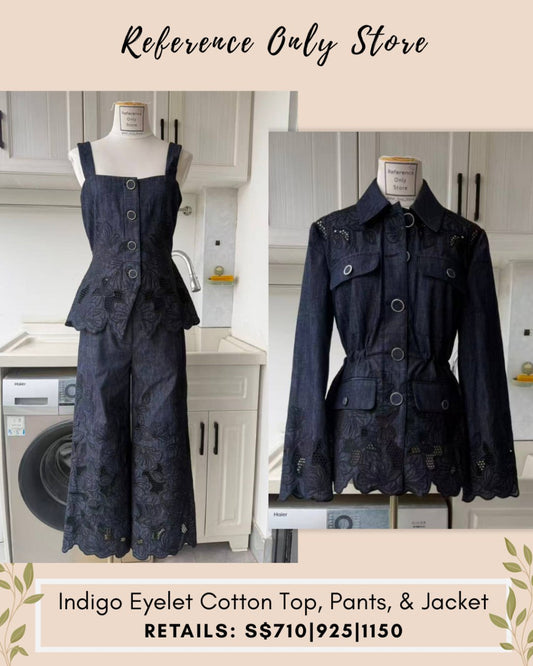 VB Indigo eyelet cotton top, pants and jacket
