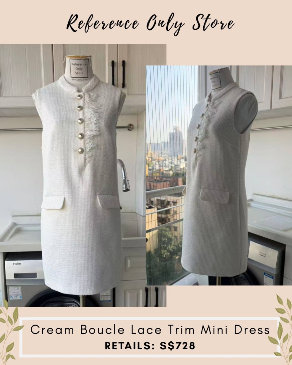 SP Ivory Cream Boucle Lace Trim Mini Dress