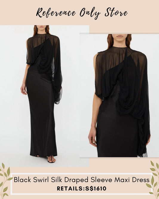 CE Black Swirl silk draped sleeve maxi dress
