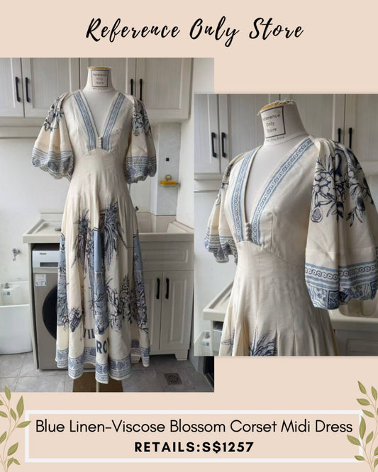 AM Blue linen viscose blossom corset midi dress