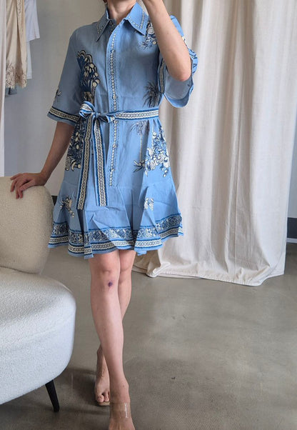 AM Soft blue floral linen viscose mini dress