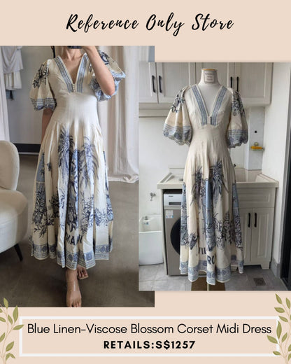 AM Blue linen viscose blossom corset midi dress