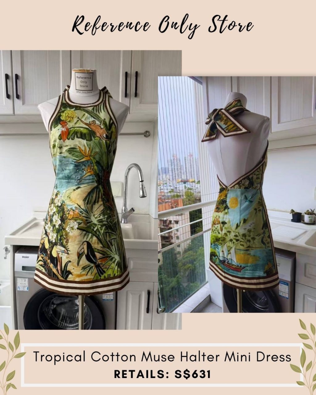 AM Tropical cotton muse halter mini dress