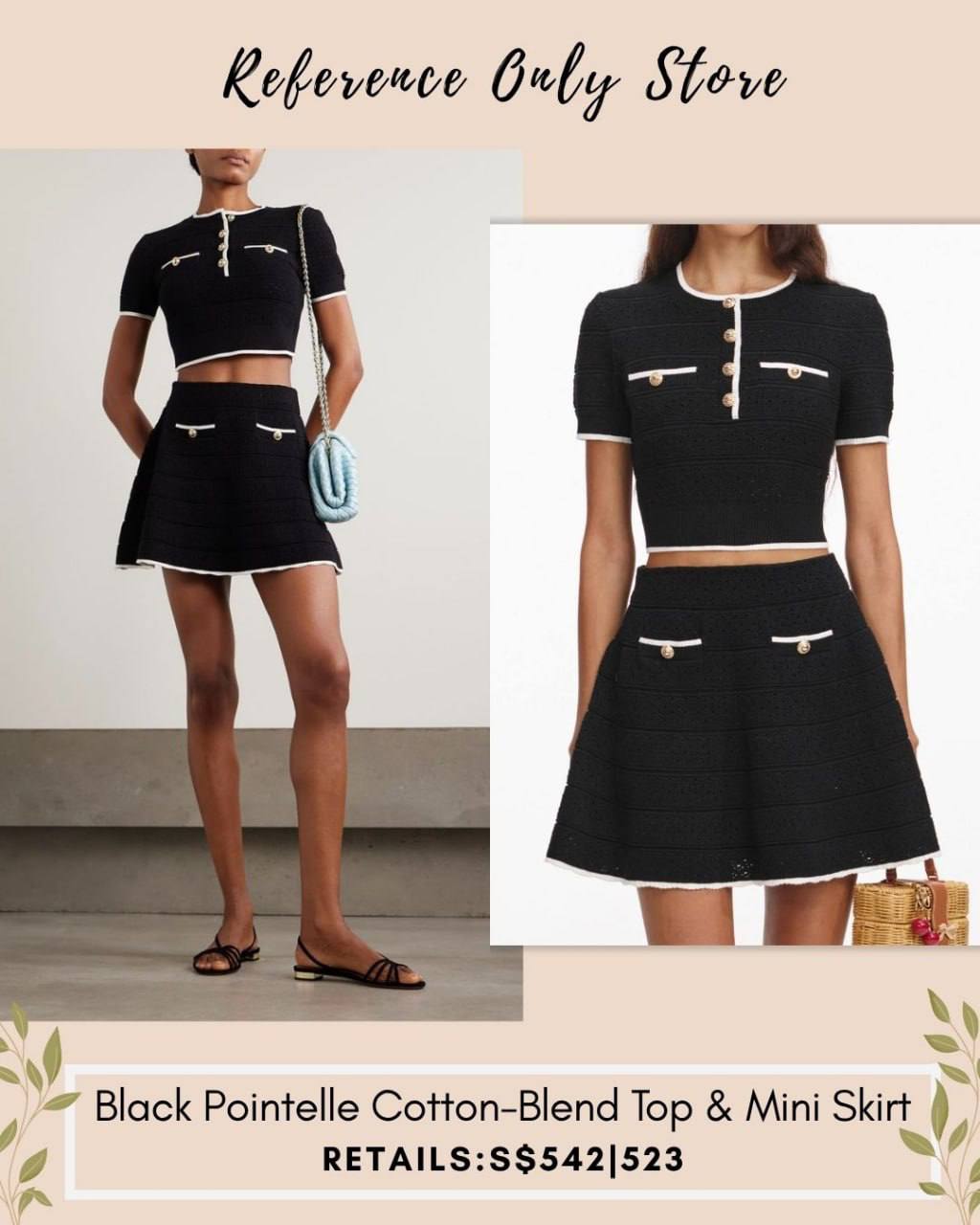 SP Black pointelle cotton blend top and skirt set