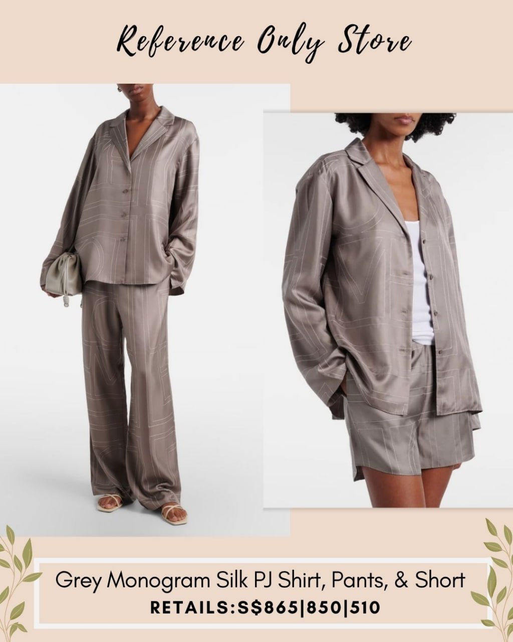 Tot Monogram silk pj top and pants in grey