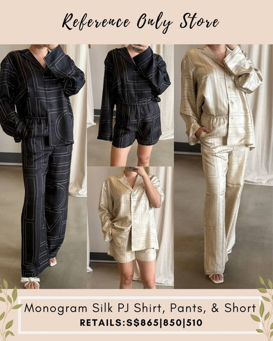 Tot Monogram silk pj top and pants in black and champagne