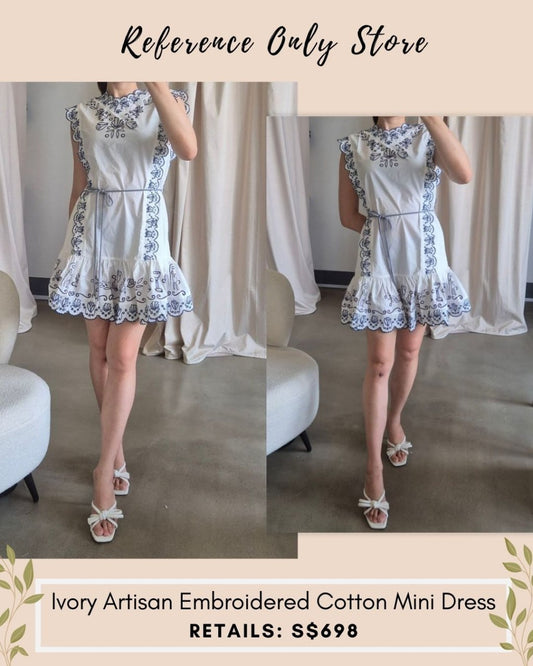 AM white ivory artisan Cotton Embroidered Blue Details mini dress