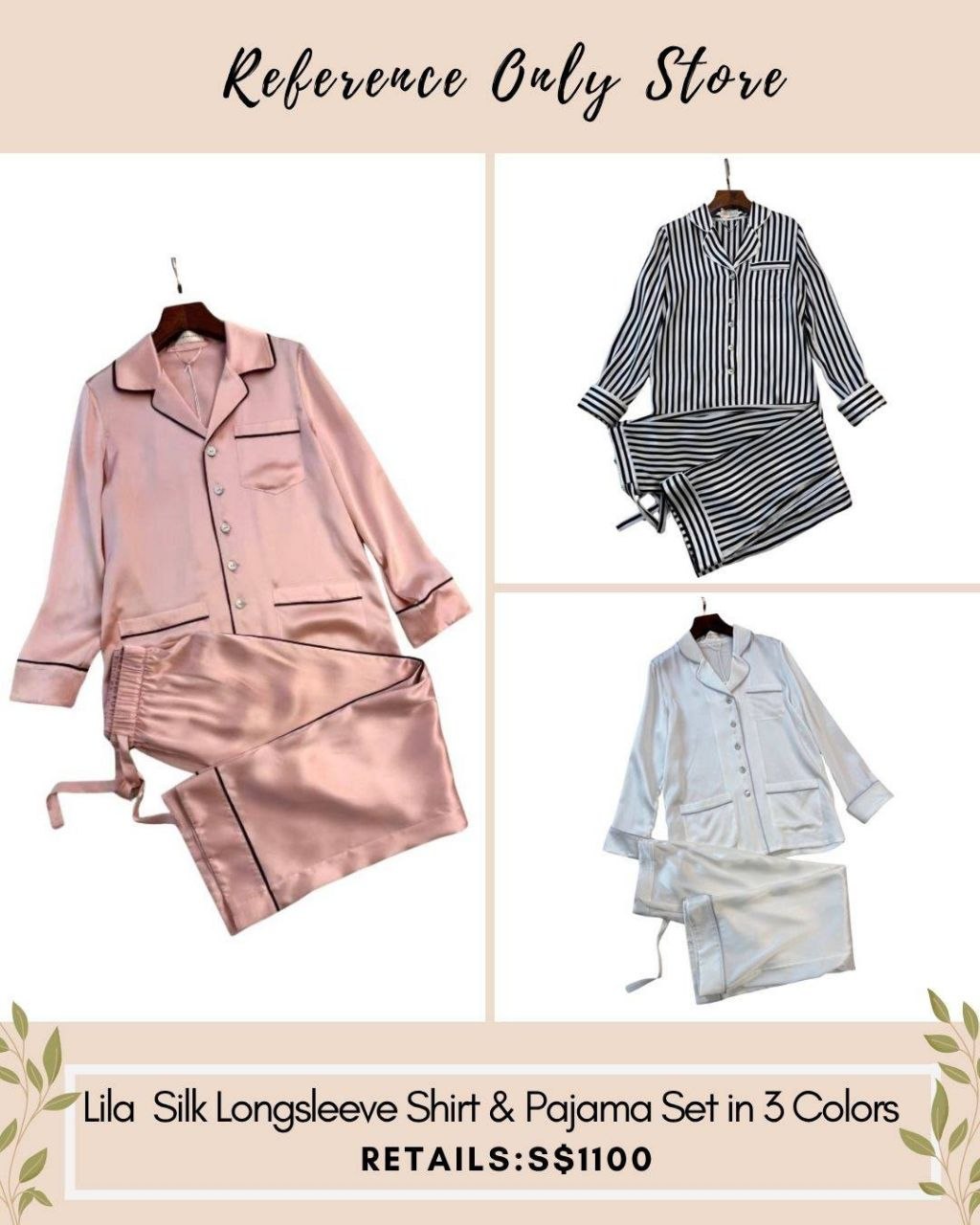 New colors! OVH Yves  pajamas  in silk satin in pink, white, stripe