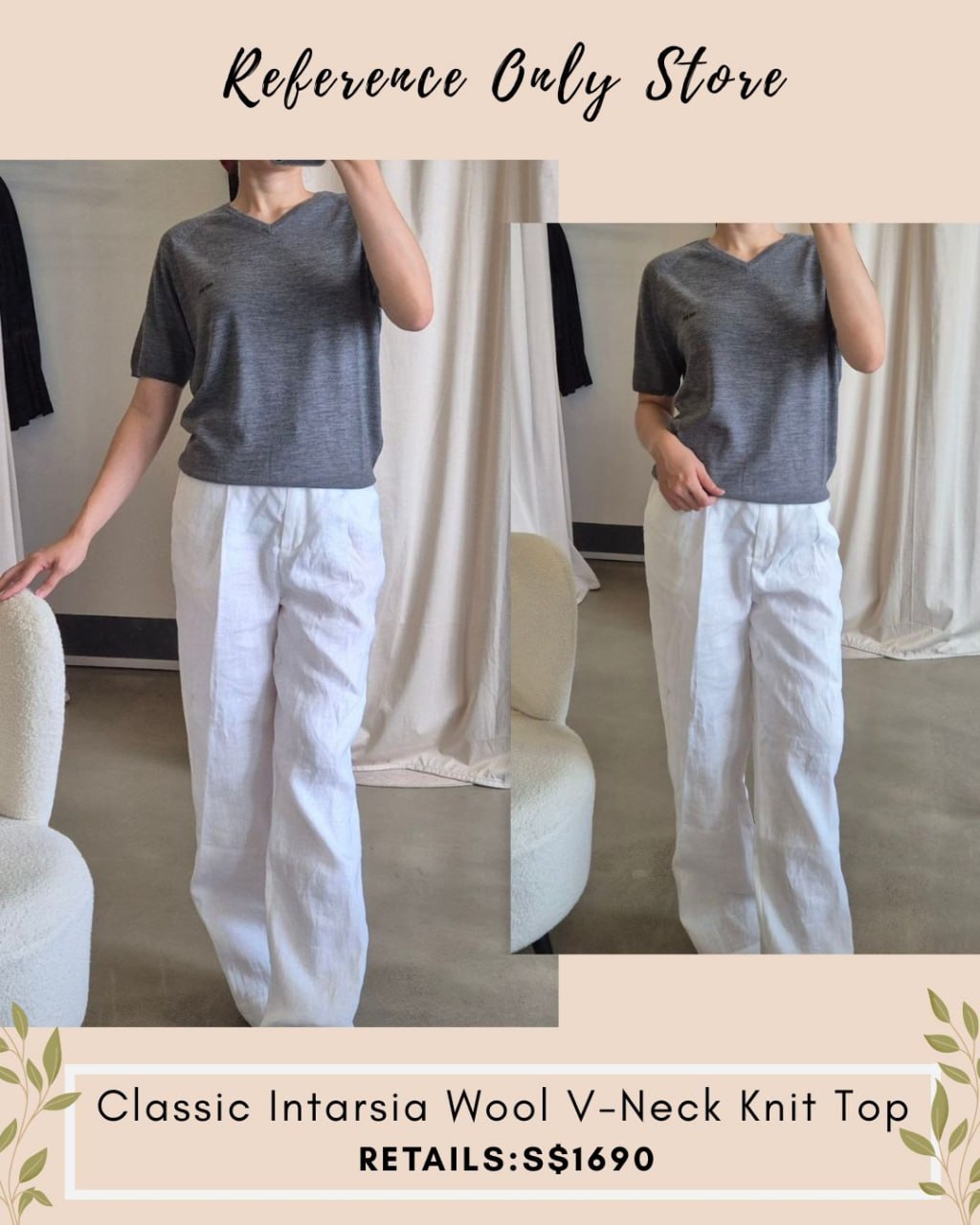 MM Classic intarsia wool v neck knit top in grey