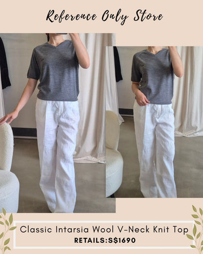 MM Classic intarsia wool v neck knit top in grey