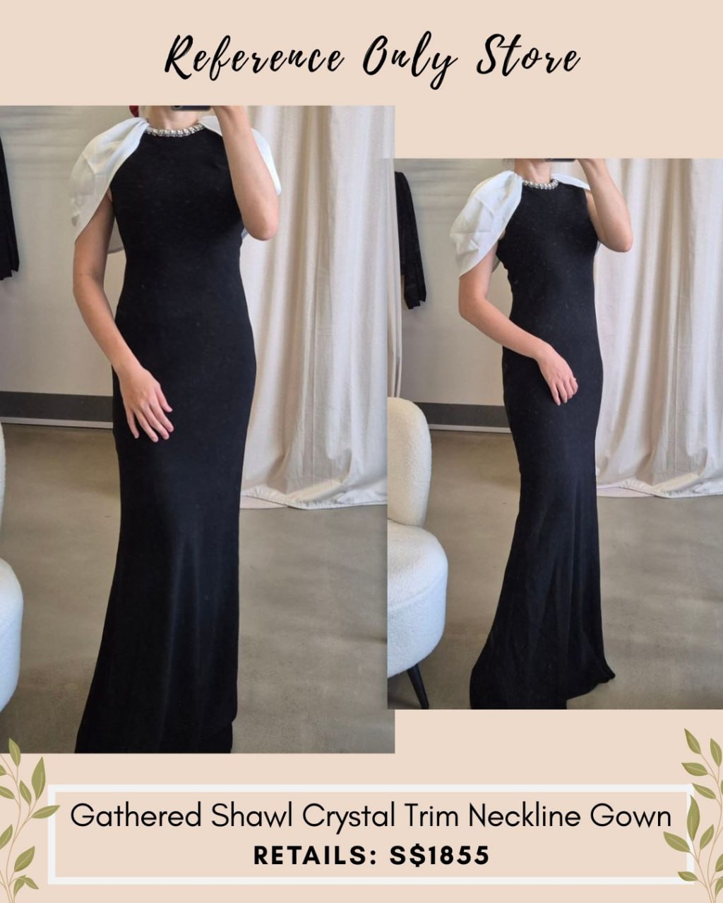 RM Gathered Shawl Crystal trim neckline maxi dress gown
