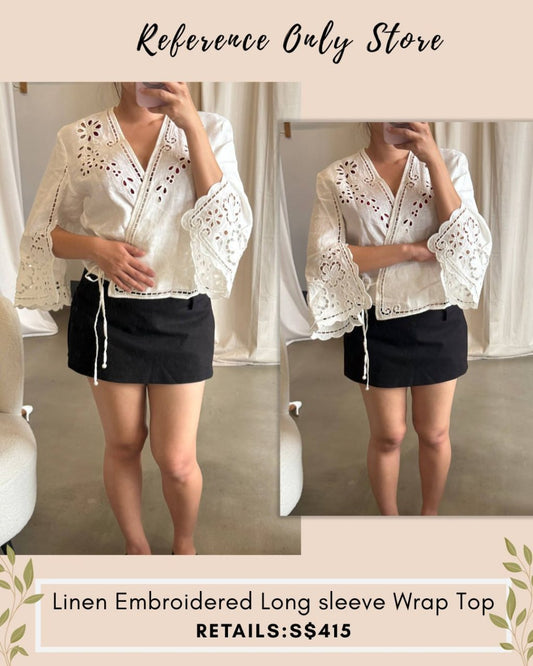SE X EDI Linen embroidered long sleeve wrap top
