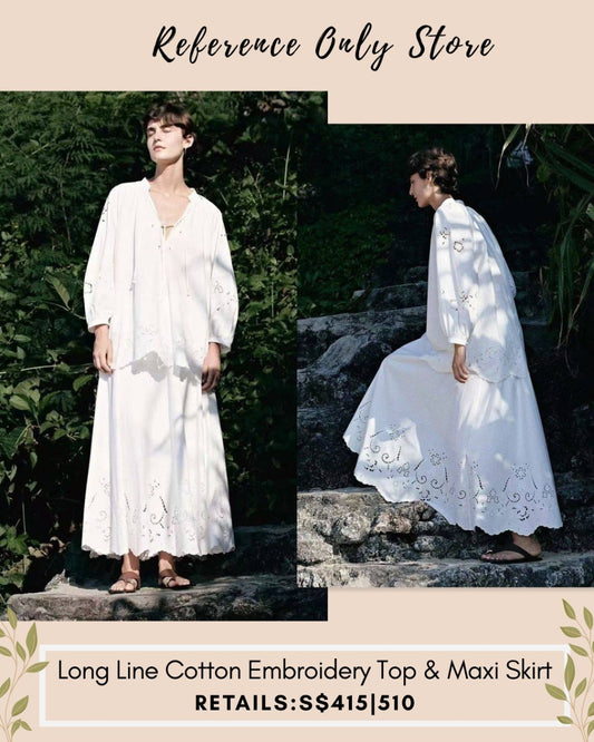 SE X EDI Long line cotton embroidery white blouse top and midi skirt