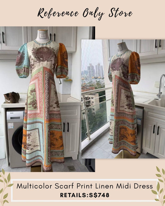 AM Scarf print multicolor linen midi dress